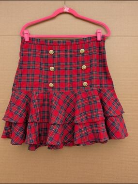 Venus Red Plaid Pleated Skirt Gold Crest Button Detail Preppy Tartan Mini Sz 12